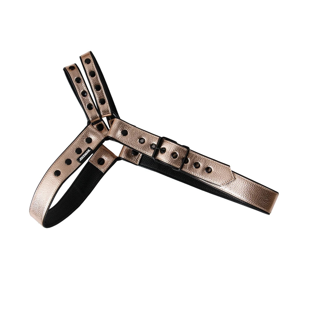 details of gold Men’s Offset Chest Harness – pridevoyageshop.com – gay men’s harness, lingerie and fetish wear