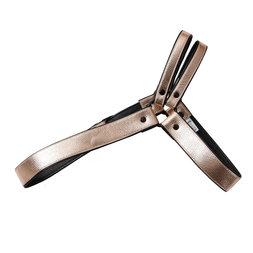 details of gold Men’s Offset Chest Harness – pridevoyageshop.com – gay men’s harness, lingerie and fetish wear