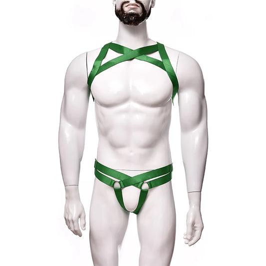 details of green Men’s Gift‑Wrapped Jock Harness – pridevoyageshop.com – gay men’s harness, lingerie and fetish wear