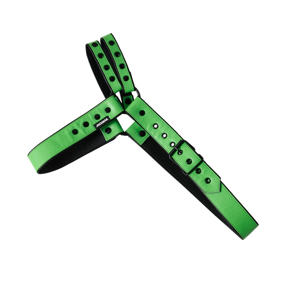 a sexy man in green Men’s Offset Chest Harness – pridevoyageshop.com – gay men’s harness, lingerie and fetish wear