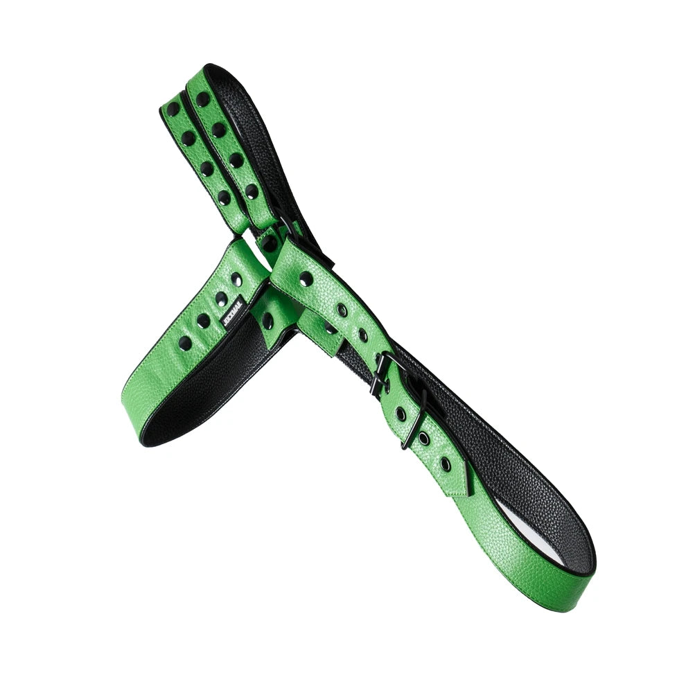 details of green Men’s Offset Chest Harness – pridevoyageshop.com – gay men’s harness, lingerie and fetish wear