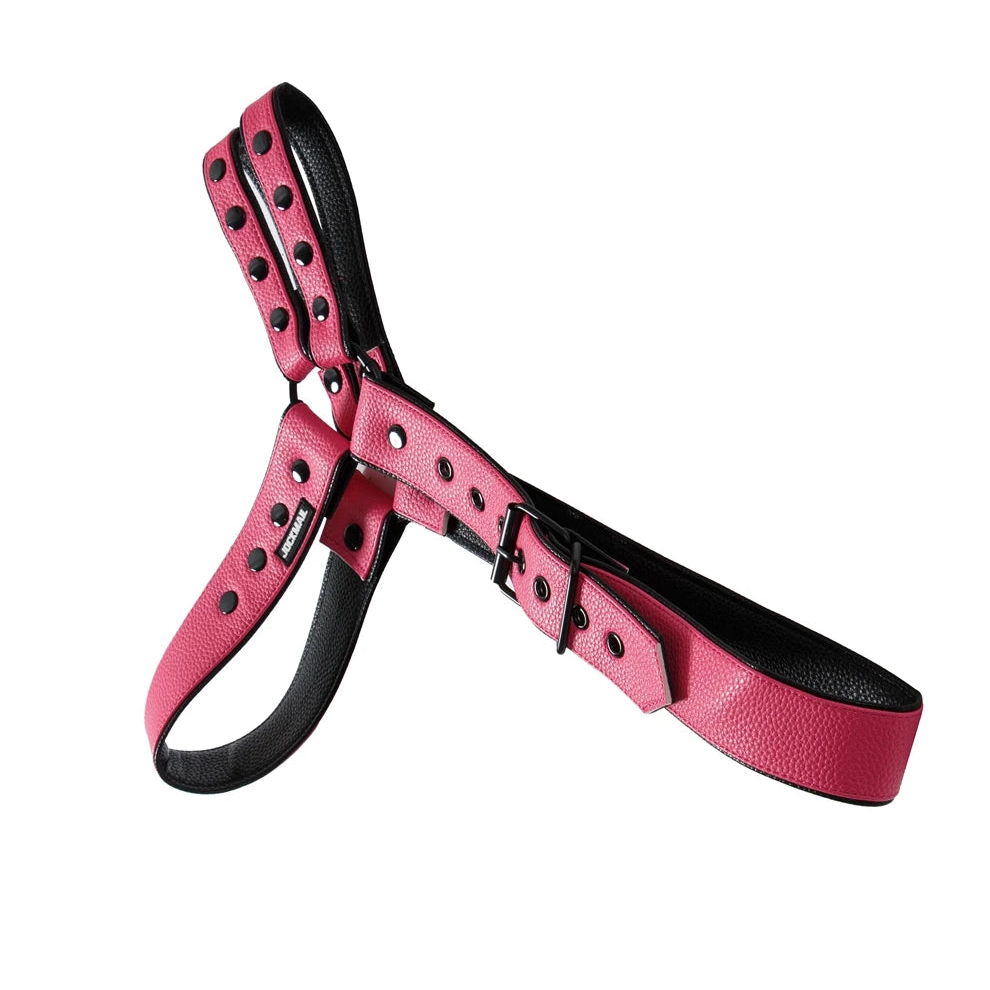 details of pink Men’s Offset Chest Harness – pridevoyageshop.com – gay men’s harness, lingerie and fetish wear