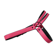 details of pink Men’s Offset Chest Harness – pridevoyageshop.com – gay men’s harness, lingerie and fetish wear
