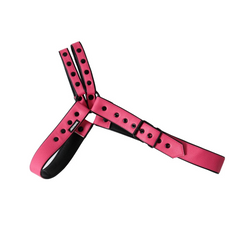 details of pink Men’s Offset Chest Harness – pridevoyageshop.com – gay men’s harness, lingerie and fetish wear