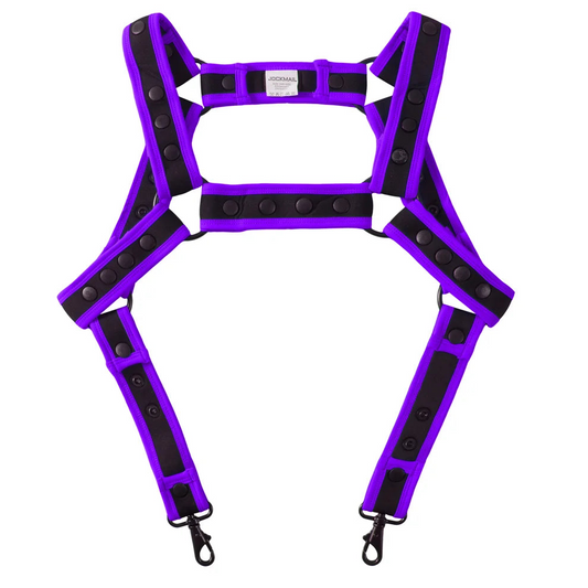 details of purple Men’s Ultraviolet Harness – pridevoyageshop.com – gay men’s sexy swim briefs, trunks, board shorts, and bikinis