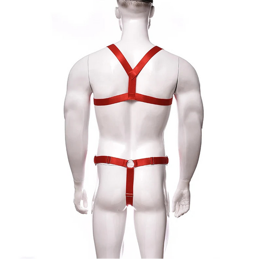 details of red Men’s Gift‑Wrapped Jock Harness – pridevoyageshop.com – gay men’s harness, lingerie and fetish wear