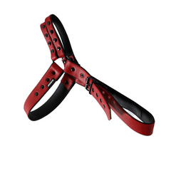 details of red Men’s Offset Chest Harness – pridevoyageshop.com – gay men’s harness, lingerie and fetish wear