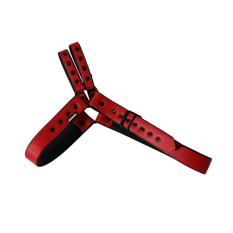 details of red Men’s Offset Chest Harness – pridevoyageshop.com – gay men’s harness, lingerie and fetish wear