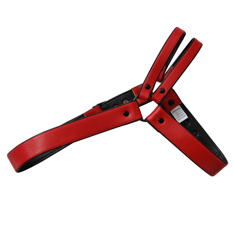 details of red Men’s Offset Chest Harness – pridevoyageshop.com – gay men’s harness, lingerie and fetish wear