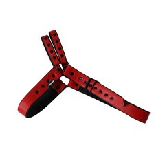 details of red Men’s Offset Chest Harness – pridevoyageshop.com – gay men’s harness, lingerie and fetish wear