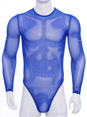 details of royal blue Men’s Night Vision Rhinestone Mesh Bodysuit – pridevoyageshop.com – gay men’s harness, lingerie and fetish wear