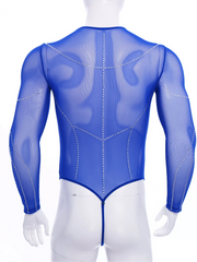 details of royal blue Men’s Night Vision Rhinestone Mesh Bodysuit – pridevoyageshop.com – gay men’s harness, lingerie and fetish wear