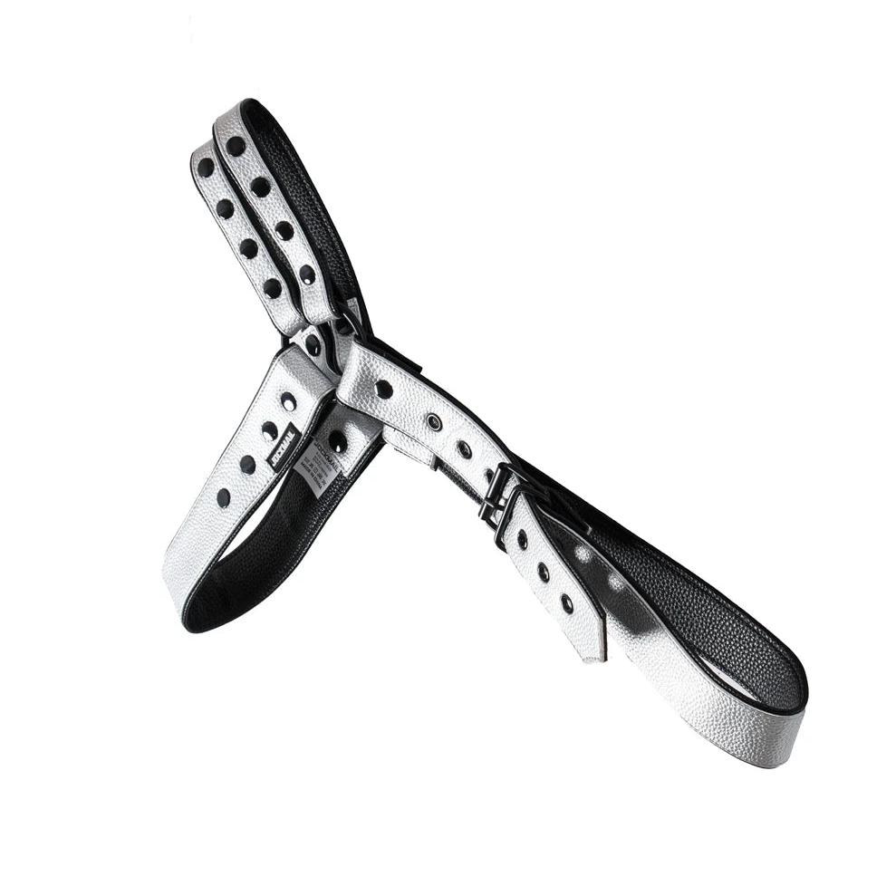 details of silver Men’s Offset Chest Harness – pridevoyageshop.com – gay men’s harness, lingerie and fetish wear