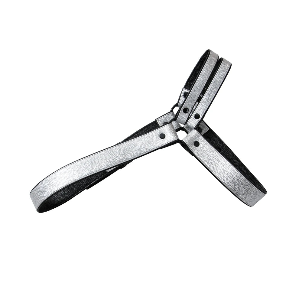 details of silver Men’s Offset Chest Harness – pridevoyageshop.com – gay men’s harness, lingerie and fetish wear