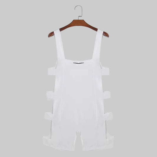 details of white Men’s Side Quest Cutout Singlet – pridevoyageshop.com – gay men’s harness, lingerie and fetish wear