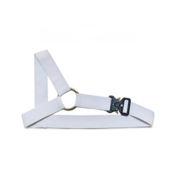 details of white Men’s Trigger Quick-Release Chest Harness – pridevoyageshop.com – gay men’s harness, lingerie and fetish wear