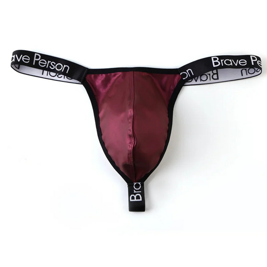 details of wine red Men’s Folsom Night PU Leather Swim Bikini Thong – pridevoyageshop.com – gay men’s sexy swim briefs, trunks, board shorts, and bikinis