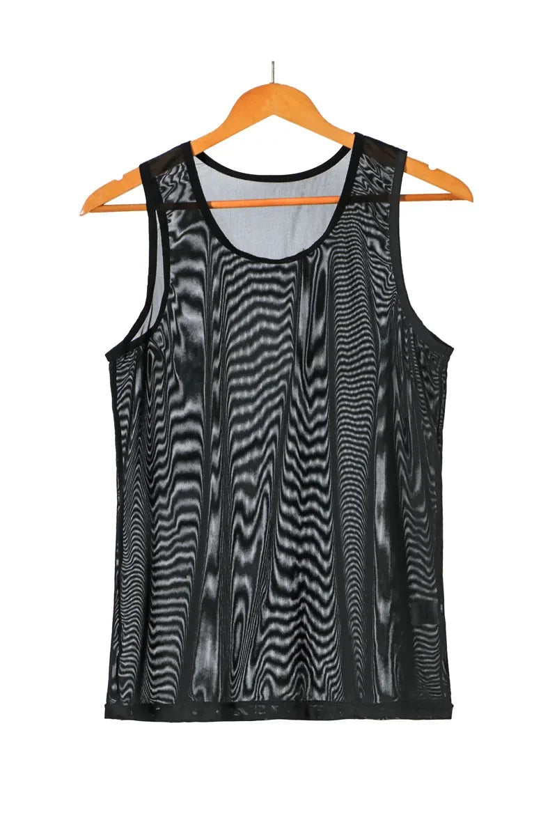 flat lay of Black Discreet Mesh Tank - pridevoyageshop.com - gay men's fashion, clubwear, party outfit