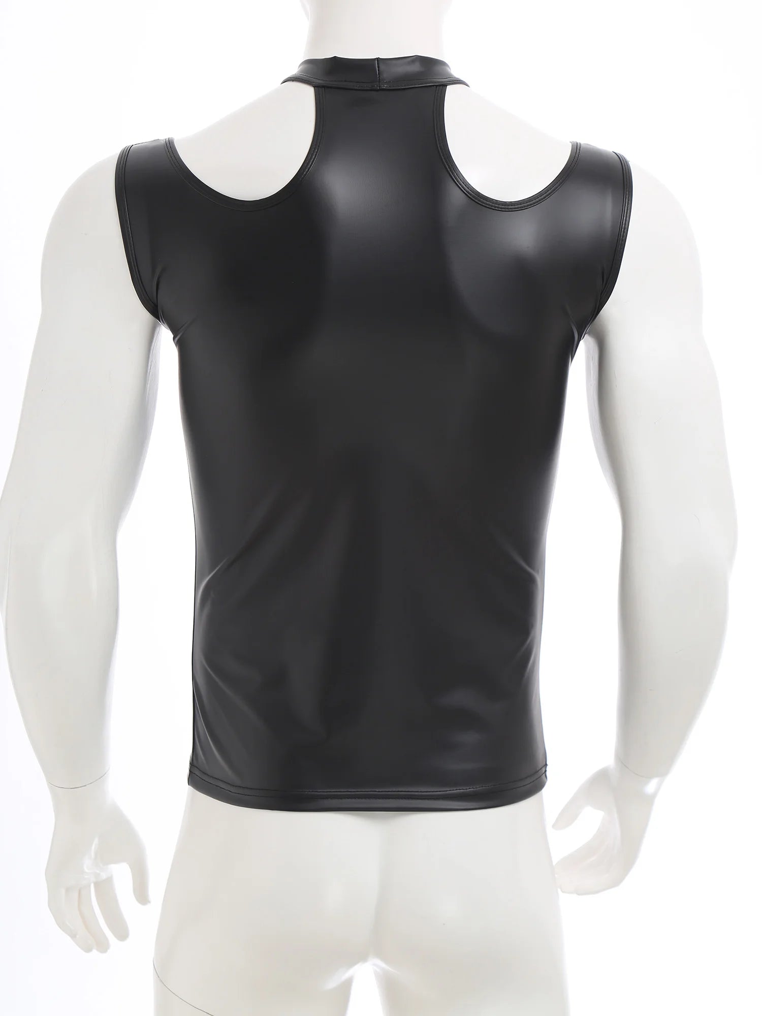 flat lay of Black Tension PU Leather Choker Tank - pridevoyageshop.com - gay men's harness, fetish gear, rave outfit