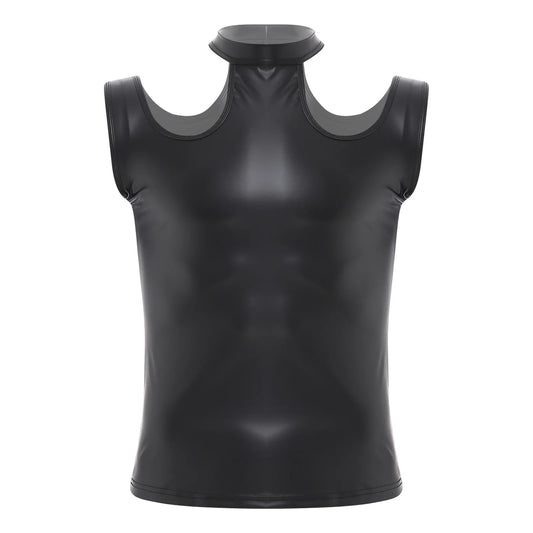flat lay of Black Tension PU Leather Choker Tank - pridevoyageshop.com - gay men's harness, fetish gear, rave outfit