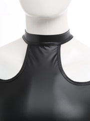 flat lay of Black Tension PU Leather Choker Tank - pridevoyageshop.com - gay men's harness, fetish gear, rave outfit
