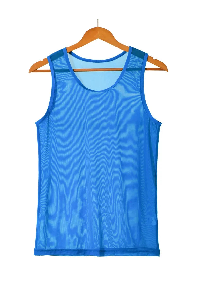 flat lay of Blue Discreet Mesh Tank - pridevoyageshop.com - gay men's fashion, clubwear, party outfit