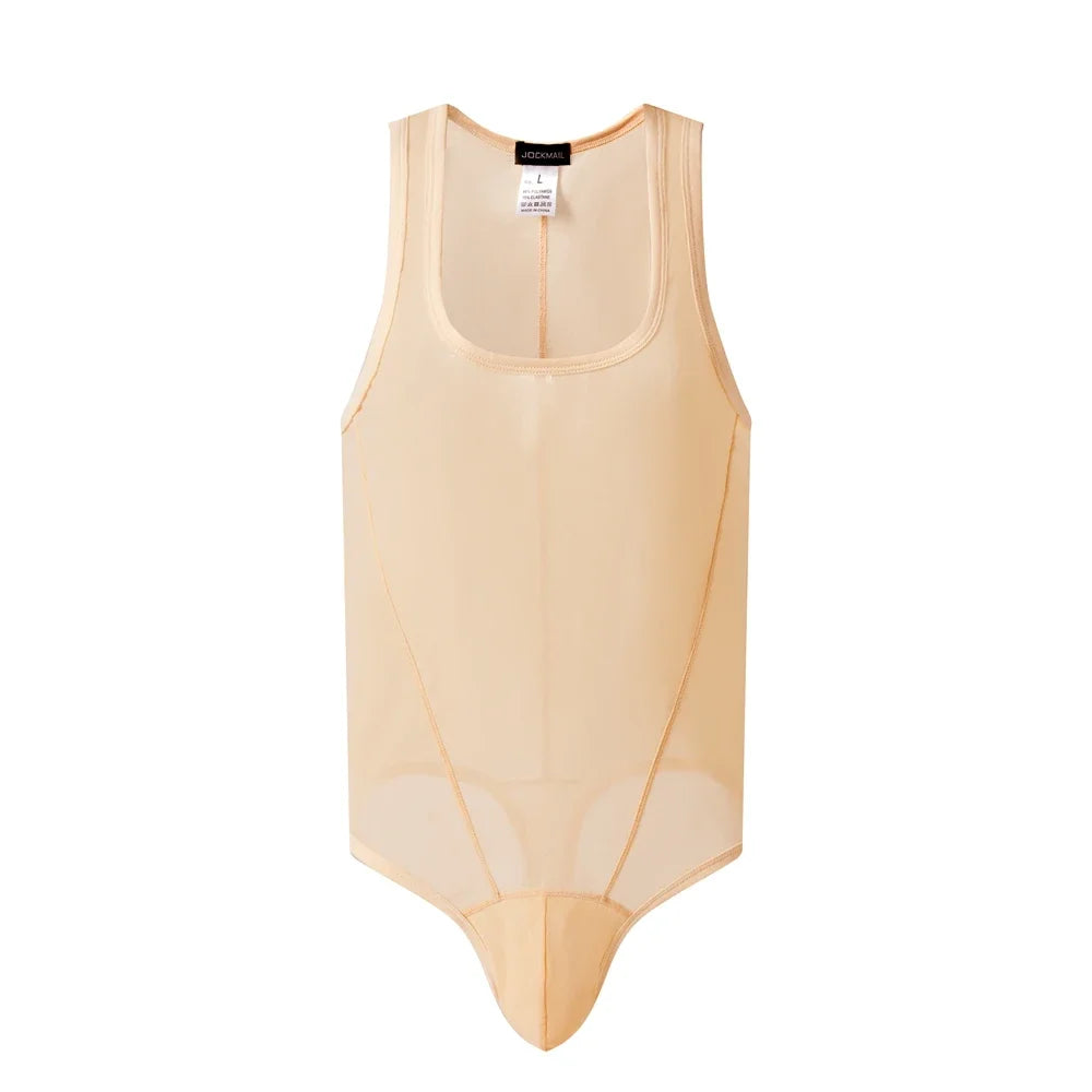flat lay of apricot sheer mesh high-cut leotard showing see-through stretch fabric and elastic trim, apricot nude color – pridevoyageshop.com – gay men’s harness, lingerie and fetish wear