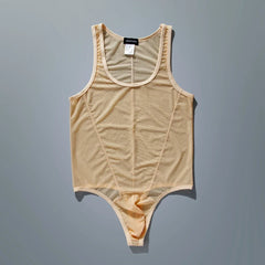 flat lay of apricot sheer mesh high-cut leotard showing see-through stretch fabric and elastic trim, apricot nude color – pridevoyageshop.com – gay men’s harness, lingerie and fetish wear