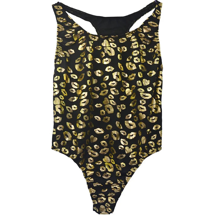 flat lay of black kiss-print racerback leotard with bold lip pattern and high-cut silhouette – pridevoyageshop.com – gay men’s harness, lingerie and fetish wear