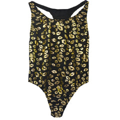 flat lay of black kiss-print racerback leotard with bold lip pattern and high-cut silhouette – pridevoyageshop.com – gay men’s harness, lingerie and fetish wear