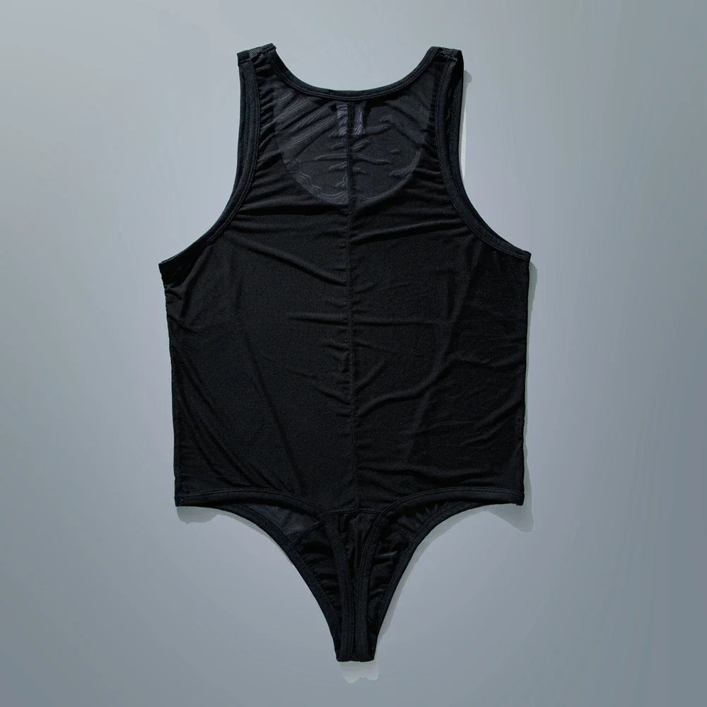 flat lay of black sheer mesh high-cut leotard showing see-through stretch fabric and elastic trim, black color – pridevoyageshop.com – gay men’s harness, lingerie and fetish wear