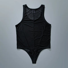 flat lay of black sheer mesh high-cut leotard showing see-through stretch fabric and elastic trim, black color – pridevoyageshop.com – gay men’s harness, lingerie and fetish wear
