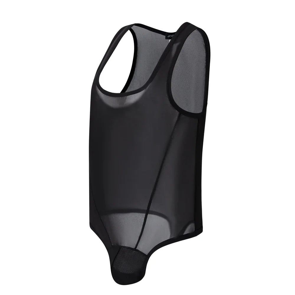 flat lay of black sheer mesh high-cut leotard showing see-through stretch fabric and elastic trim, black color – pridevoyageshop.com – gay men’s harness, lingerie and fetish wear