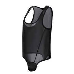 flat lay of black sheer mesh high-cut leotard showing see-through stretch fabric and elastic trim, black color – pridevoyageshop.com – gay men’s harness, lingerie and fetish wear
