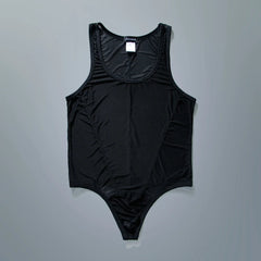 flat lay of black sheer mesh high-cut leotard showing see-through stretch fabric and elastic trim, black color – pridevoyageshop.com – gay men’s harness, lingerie and fetish wear
