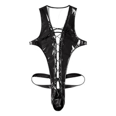 flat lay of black wet-look corset teddy with glossy latex-effect finish, cinched waist and thong back, black color – pridevoyageshop.com – gay men’s harness, lingerie and fetish wear