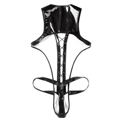flat lay of black wet-look corset teddy with glossy latex-effect finish, cinched waist and thong back, black color – pridevoyageshop.com – gay men’s harness, lingerie and fetish wear