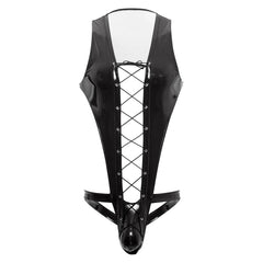flat lay of black wet-look corset teddy with glossy latex-effect finish, cinched waist and thong back, black color – pridevoyageshop.com – gay men’s harness, lingerie and fetish wear