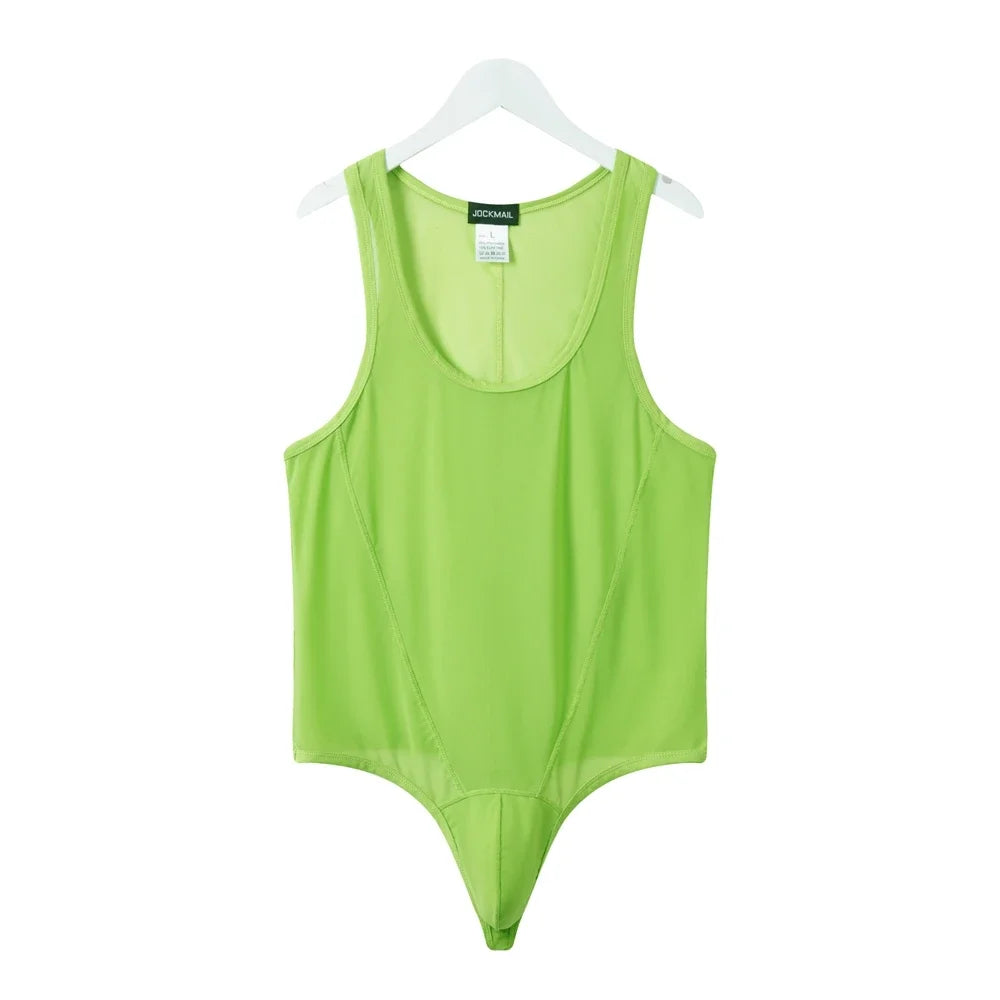flat lay of green sheer mesh high-cut leotard showing see-through stretch fabric and elastic trim, green color – pridevoyageshop.com – gay men’s harness, lingerie and fetish wear