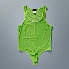 flat lay of green sheer mesh high-cut leotard showing see-through stretch fabric and elastic trim, green color – pridevoyageshop.com – gay men’s harness, lingerie and fetish wear