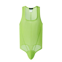flat lay of green sheer mesh high-cut leotard showing see-through stretch fabric and elastic trim, green color – pridevoyageshop.com – gay men’s harness, lingerie and fetish wear