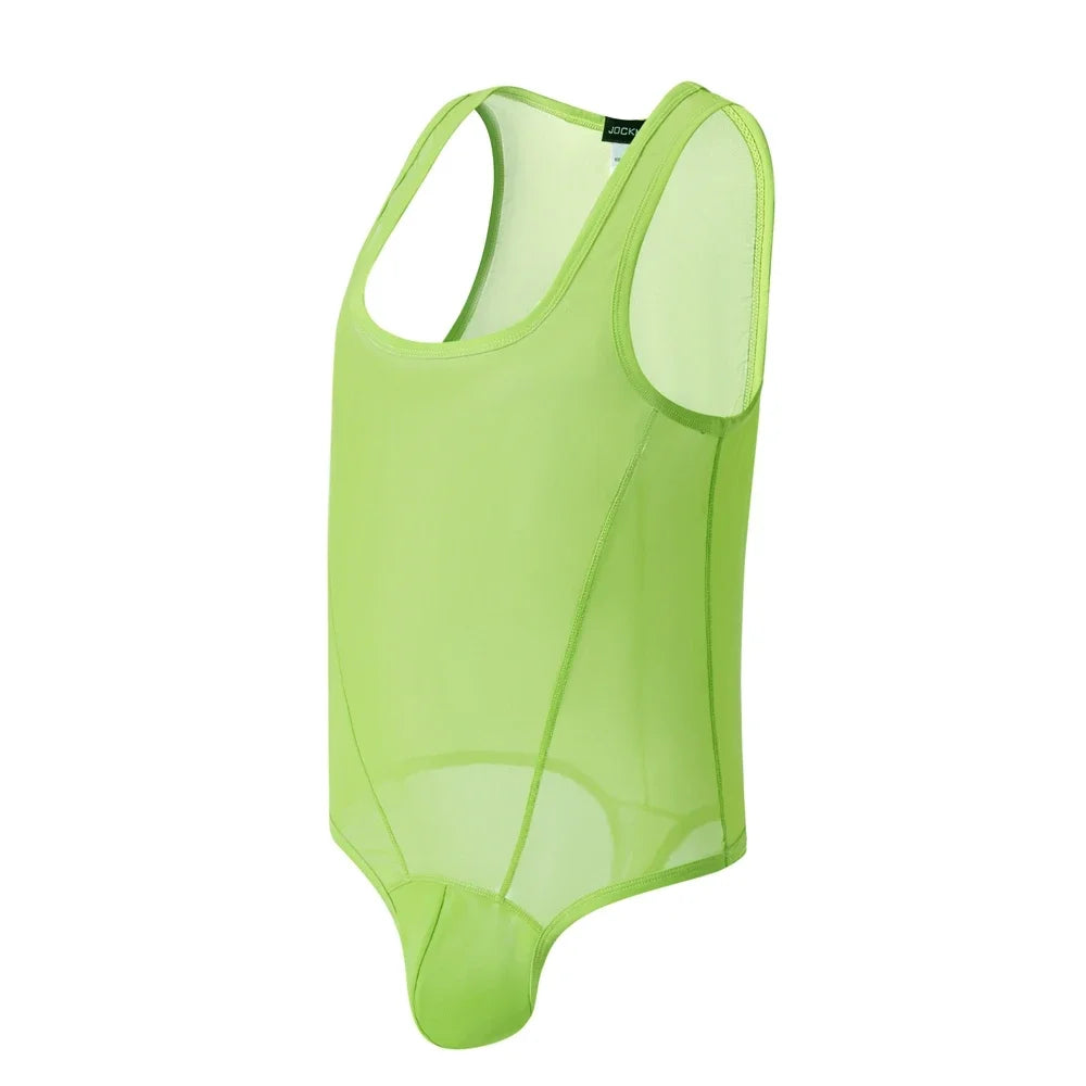 flat lay of green sheer mesh high-cut leotard showing see-through stretch fabric and elastic trim, green color – pridevoyageshop.com – gay men’s harness, lingerie and fetish wear