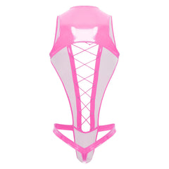 flat lay of hot pink wet-look corset teddy with glossy latex-effect finish, cinched waist and thong back, hot pink color – pridevoyageshop.com – gay men’s harness, lingerie and fetish wear