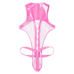 flat lay of hot pink wet-look corset teddy with glossy latex-effect finish, cinched waist and thong back, hot pink color – pridevoyageshop.com – gay men’s harness, lingerie and fetish wear