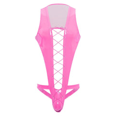 flat lay of hot pink wet-look corset teddy with glossy latex-effect finish, cinched waist and thong back, hot pink color – pridevoyageshop.com – gay men’s harness, lingerie and fetish wear