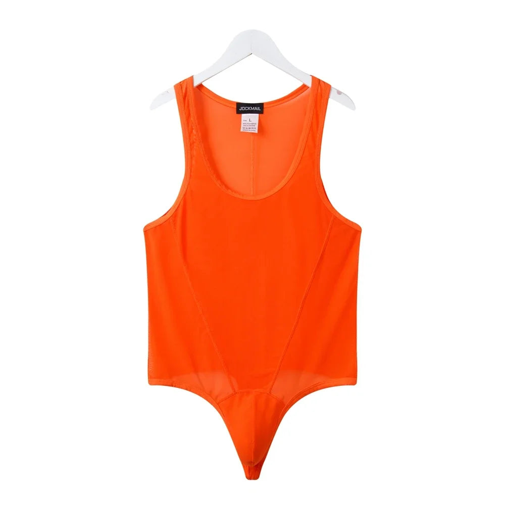 flat lay of orange sheer mesh high-cut leotard showing see-through stretch fabric and elastic trim, orange color – pridevoyageshop.com – gay men’s harness, lingerie and fetish wear