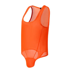 flat lay of orange sheer mesh high-cut leotard showing see-through stretch fabric and elastic trim, orange color – pridevoyageshop.com – gay men’s harness, lingerie and fetish wear