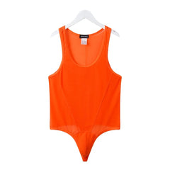 flat lay of orange sheer mesh high-cut leotard showing see-through stretch fabric and elastic trim, orange color – pridevoyageshop.com – gay men’s harness, lingerie and fetish wear