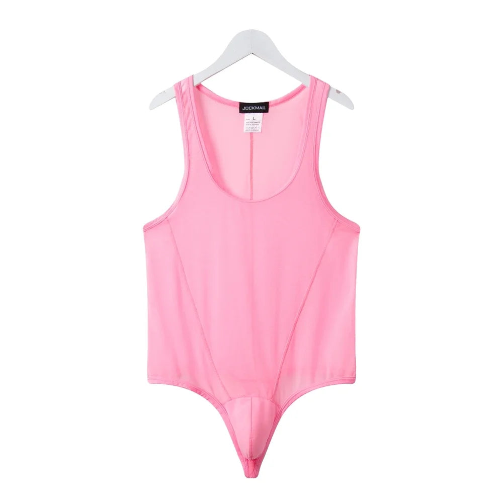 flat lay of pink sheer mesh high-cut leotard showing see-through stretch fabric and elastic trim, pink color – pridevoyageshop.com – gay men’s harness, lingerie and fetish wear