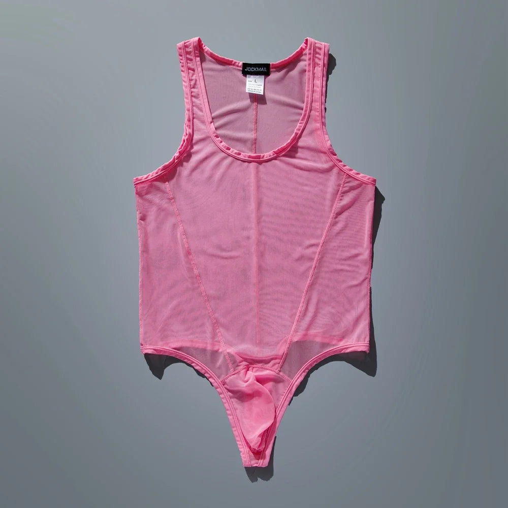flat lay of pink sheer mesh high-cut leotard showing see-through stretch fabric and elastic trim, pink color – pridevoyageshop.com – gay men’s harness, lingerie and fetish wear